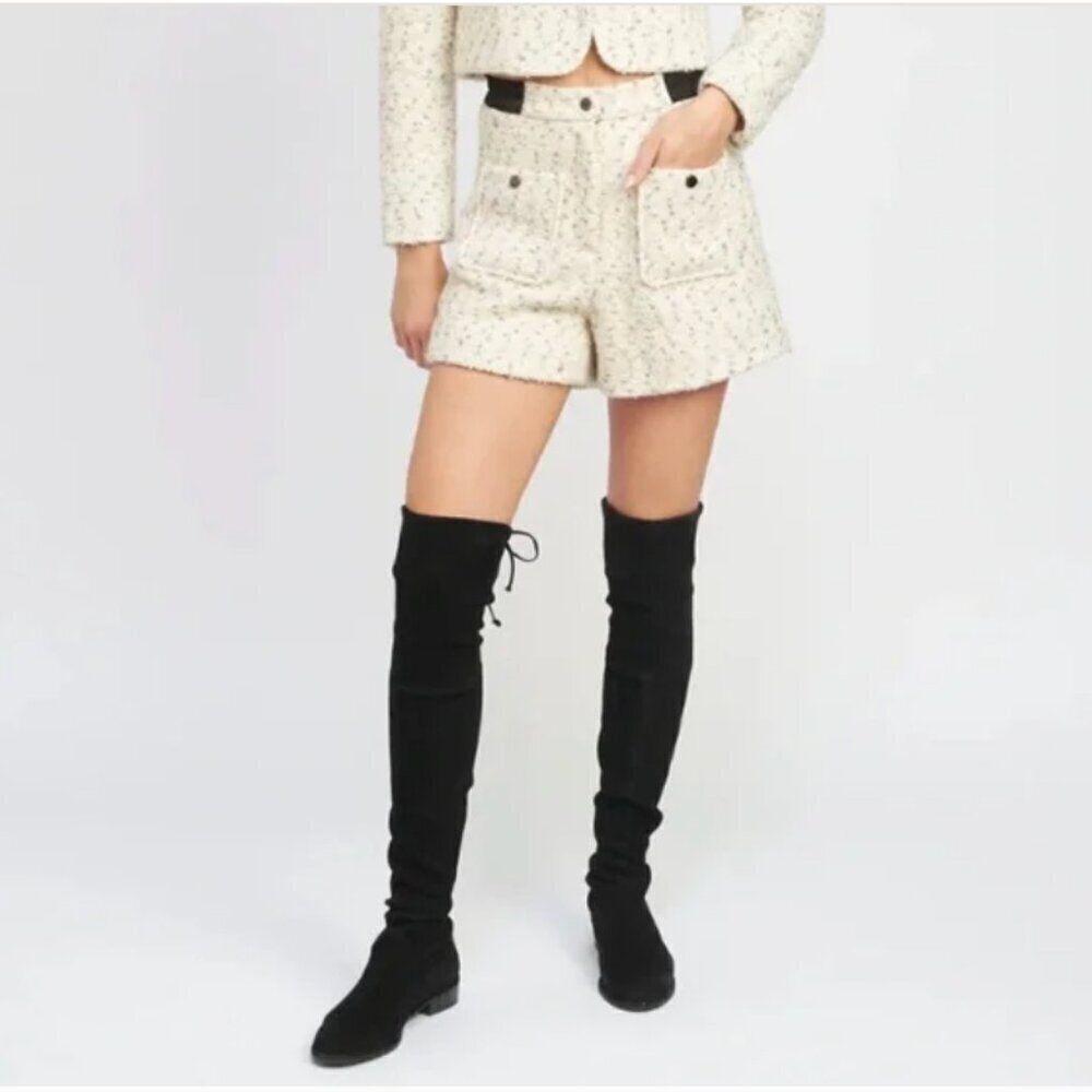 En Saison Hayes Tweed Shorts, Cream w/ Black Stretch Contrast Waistband, Medium